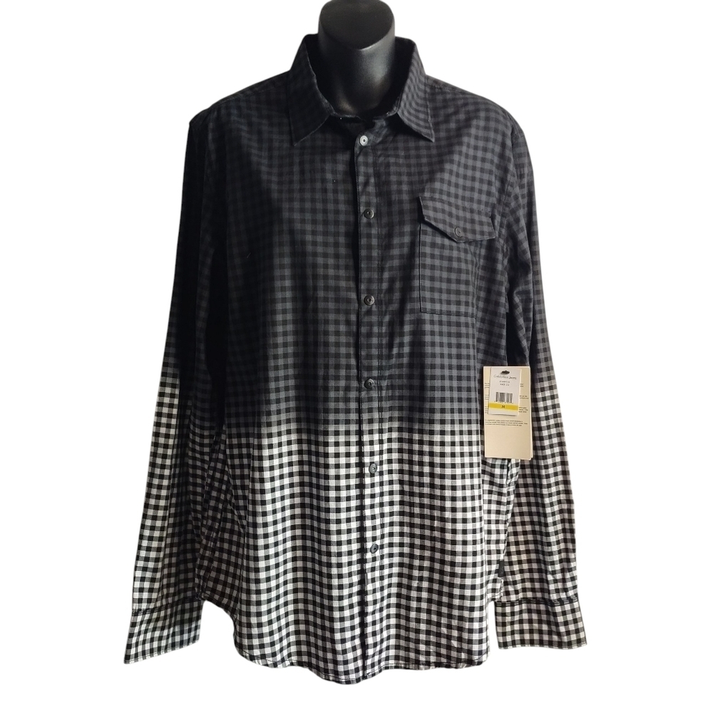 Calvin Klein Mens Top Cotton Button Up Shirt Plaid Casual Long Sleeve M NWT